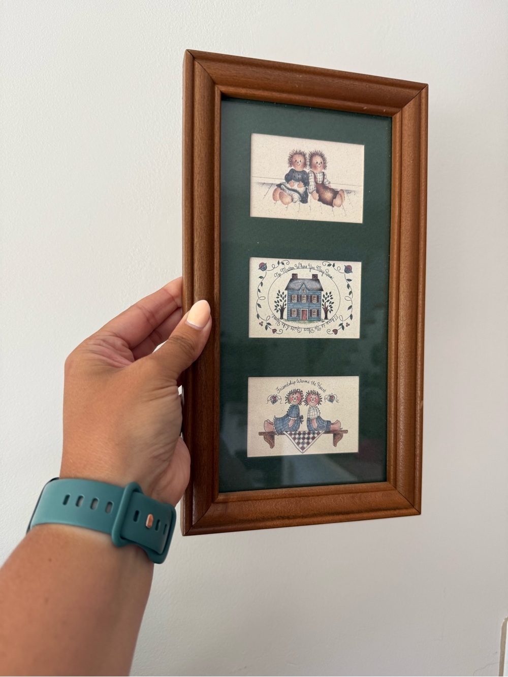 Folk Art Triple Mini Print in Brown Wood Frame vintage